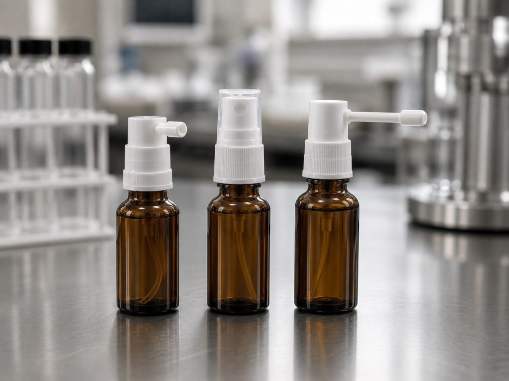 Sublingual, oral and throat supplement spray bottle formats in a pharmaceutical production facility.