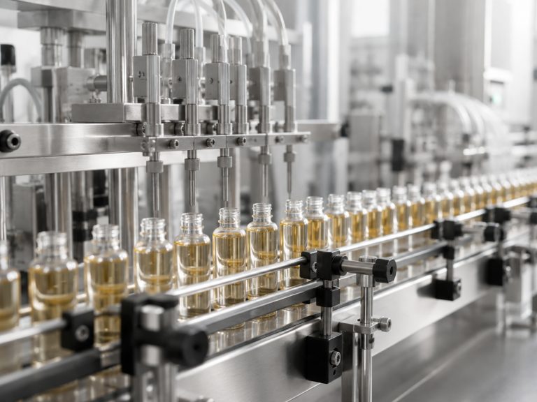 Liquid food supplement contract manufacturing on an automated GMP filling line producing bottles for private label brands.