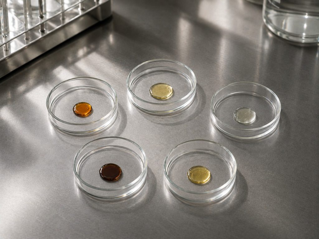Laboratory samples representing vitamin D, iron, omega-3, herbal and multivitamin supplement drop formulations.