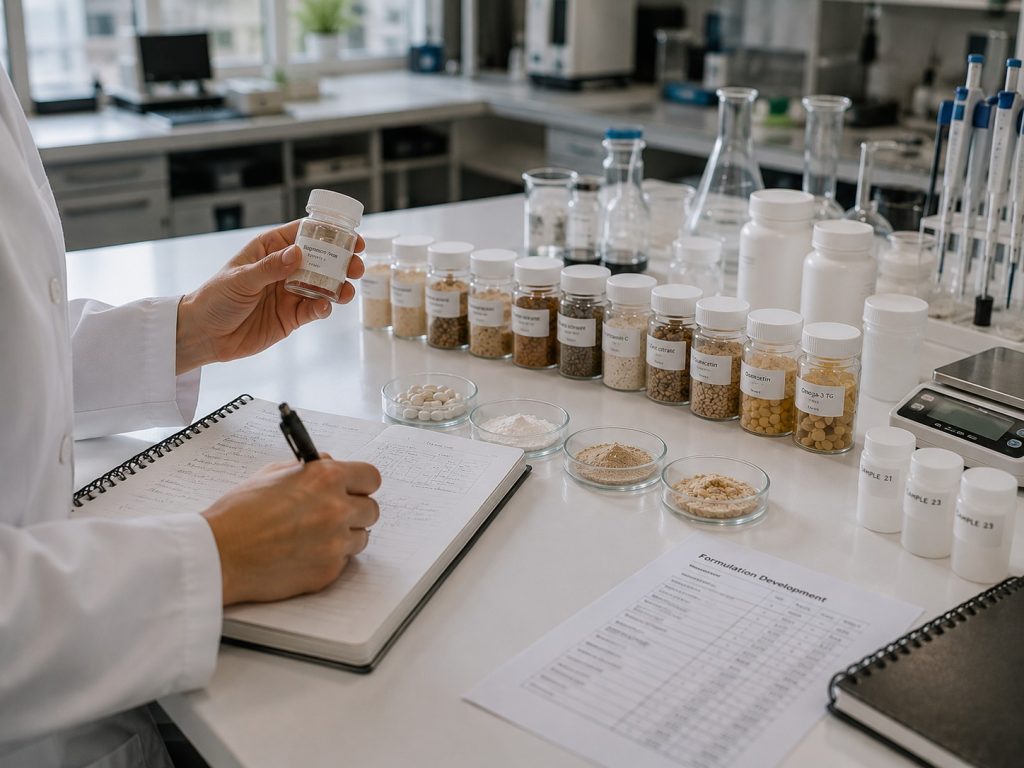 Scientist documenting a custom supplement formulation while reviewing ingredients and laboratory samples during product development.