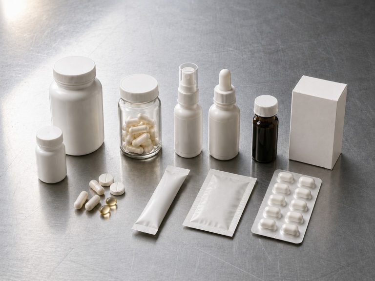 White supplement bottle and retail box prepared for packaging, labelling and private label production.
