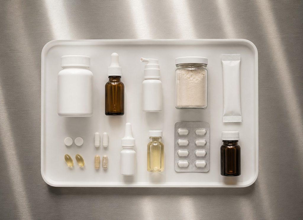 Different supplement delivery formats including tablets, capsules, powders, liquids, sprays and softgels.