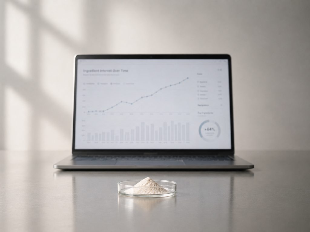 Nutraceutical research workspace showing ingredient sample with market trend and scientific analysis dashboard supporting supplement formulation development.