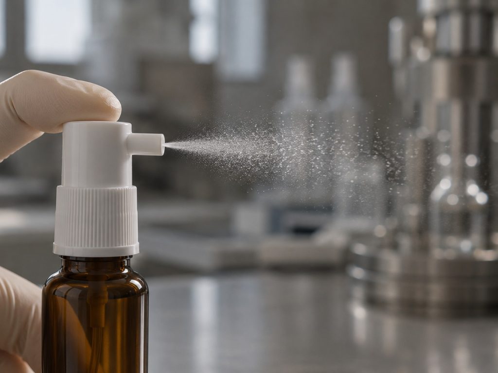 Metered supplement spray delivering a fine micro-droplet dose in a pharmaceutical production facility.