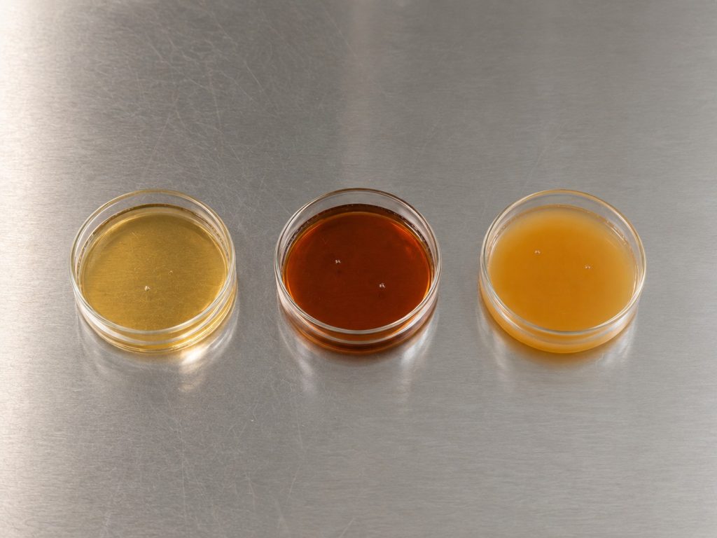 Three liquid supplement syrup formulations in different colours displayed in laboratory dishes on a stainless steel surface.