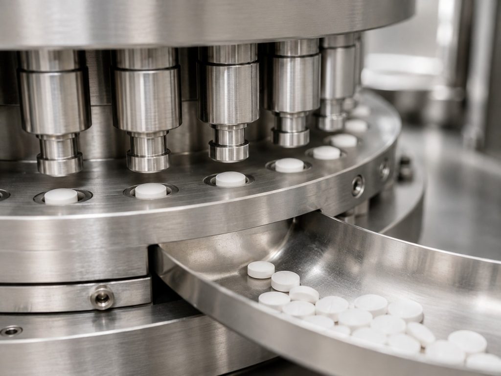 Supplement tablets produced on a high-speed tablet compression machine.