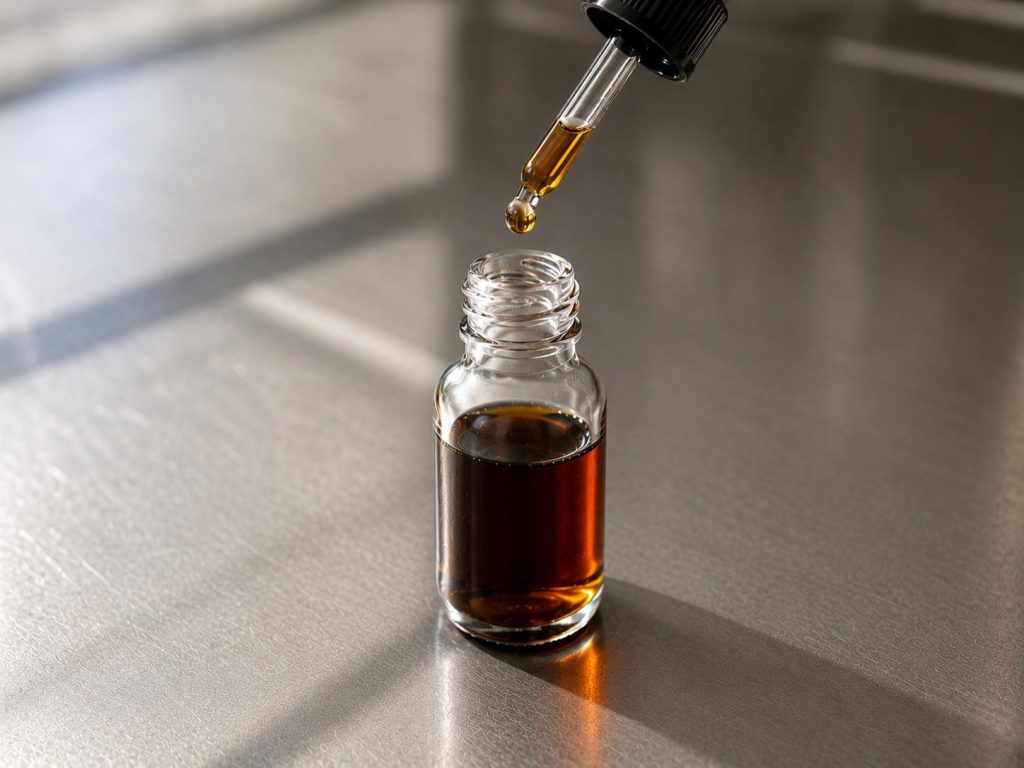 Concentrated herbal supplement tincture dispensed with a dropper for precise liquid dosing.