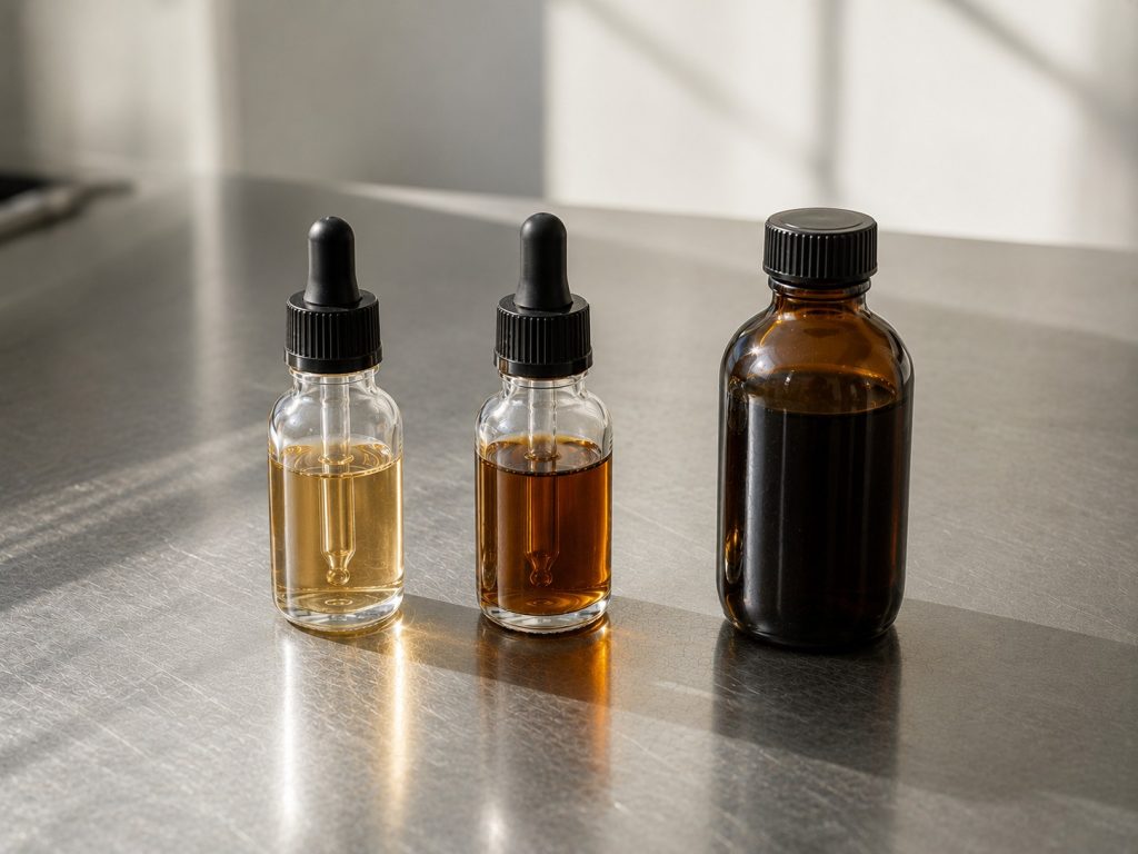 Alcohol-based and glycerin-based herbal supplement tinctures in dropper bottles, representing different liquid extraction formats.