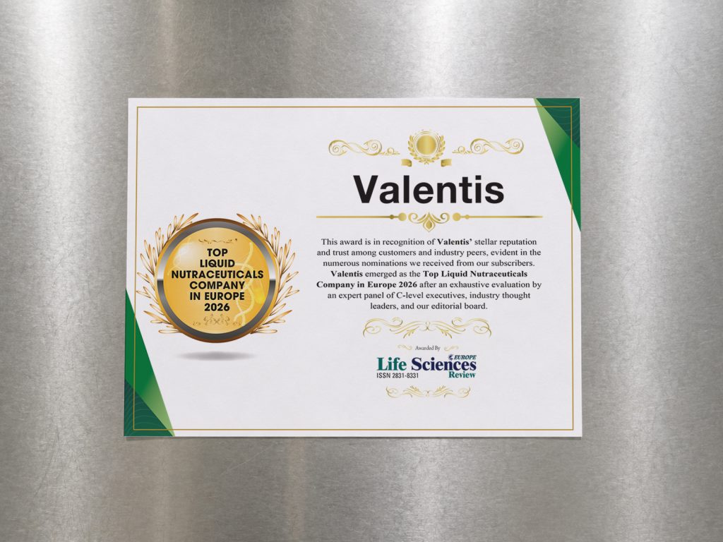 Valentis recognised as Top Liquid Nutraceuticals Company in Europe 2026 for excellence in liquid food supplement manufacturing.