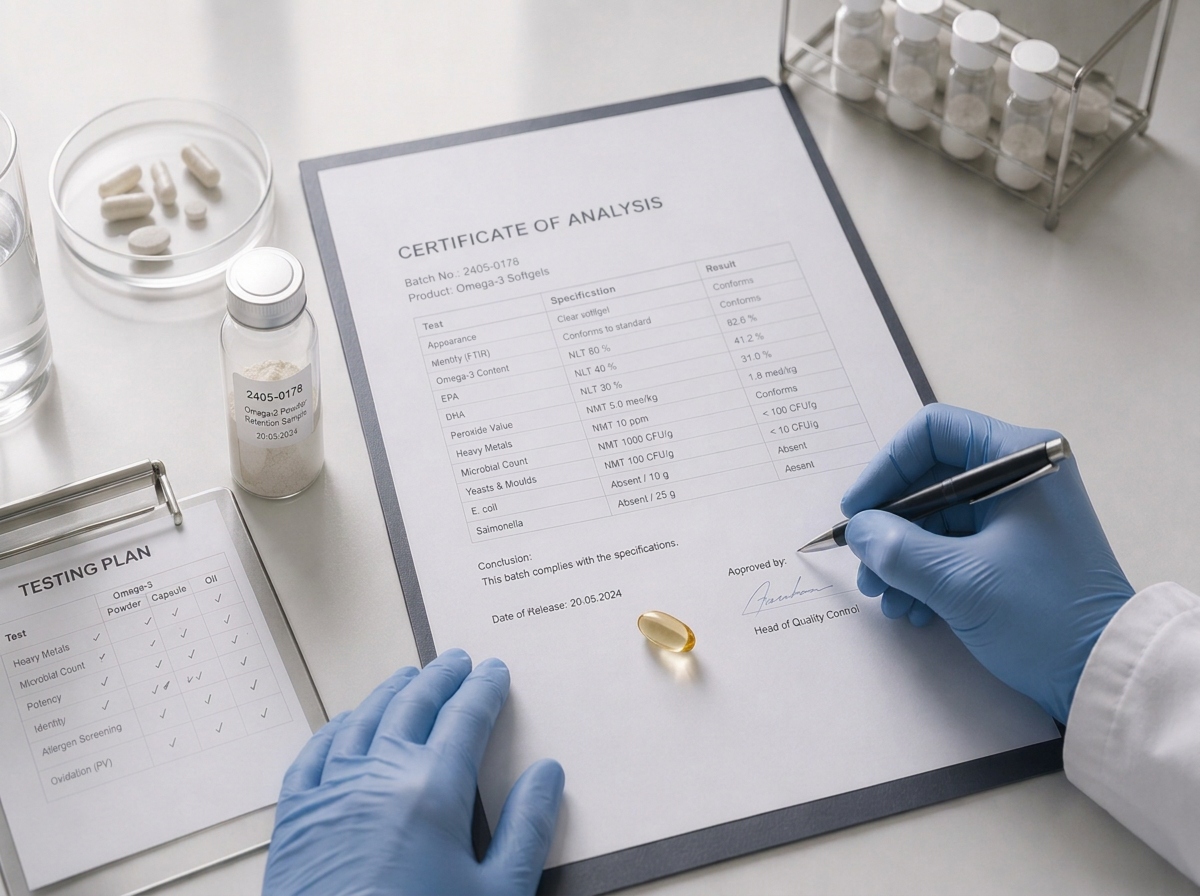 Certificate of Analysis for a food supplement batch signed by the Valentis quality control team.