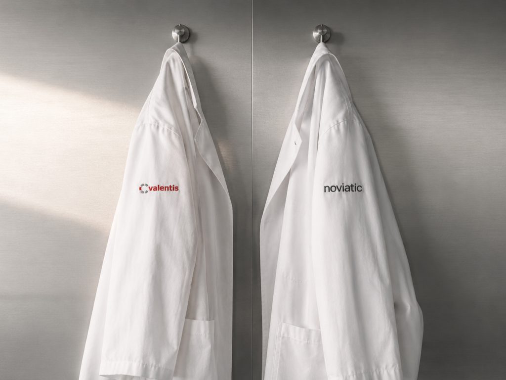 Valentis and Noviatic laboratory coats representing the relationship between the two brands.