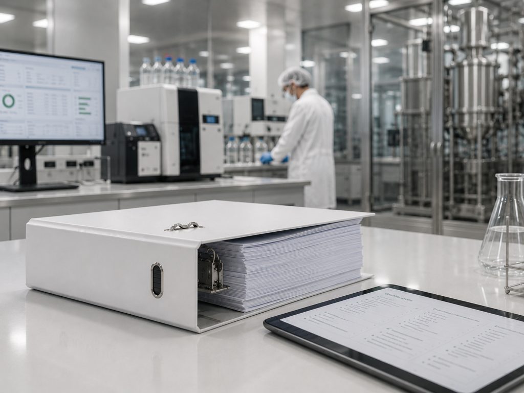 Quality documentation and certification records in the Valentis quality control laboratory.