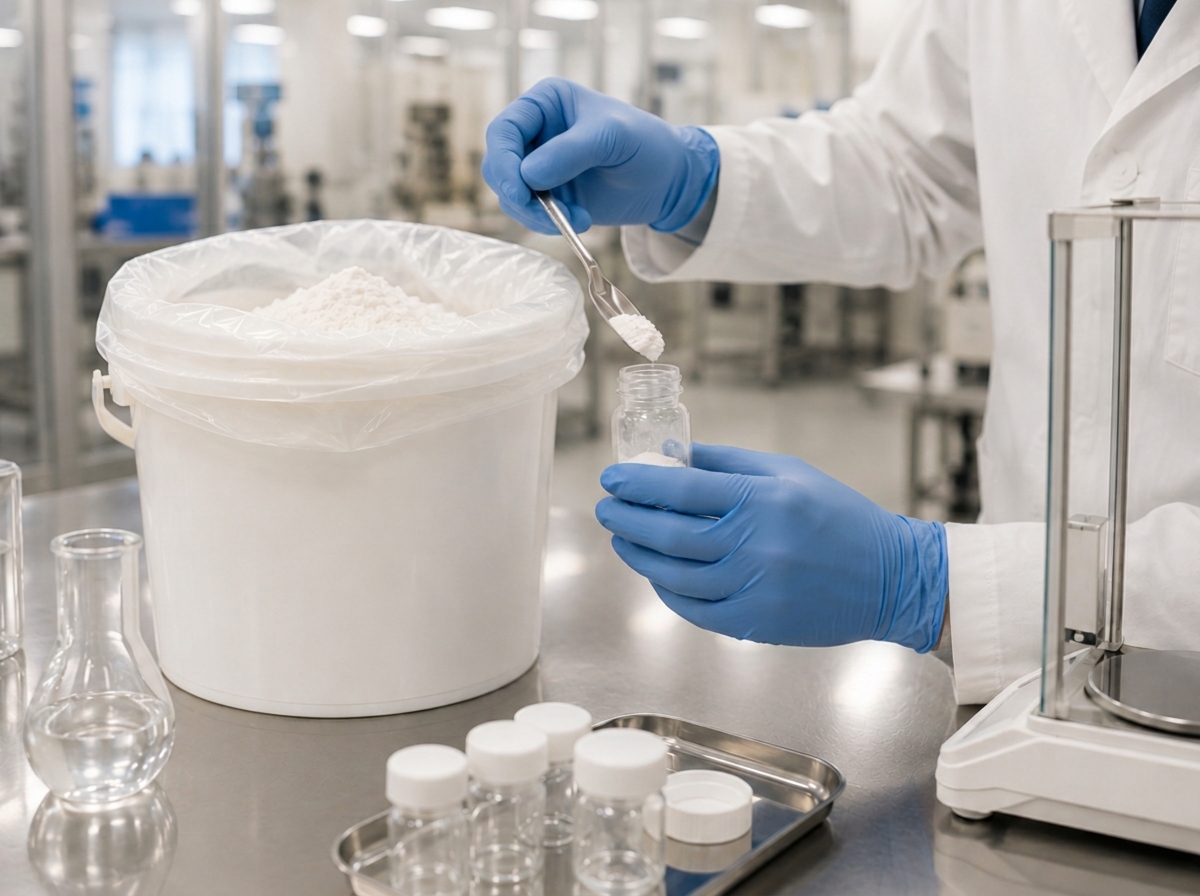 Incoming raw material quality control process before food supplement manufacturing at Valentis.