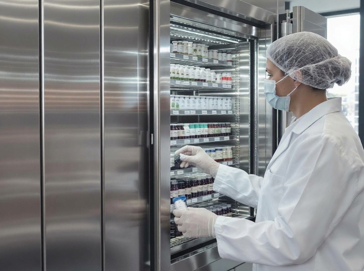 Quality control specialist placing food supplement samples into a stability testing chamber at Valentis.