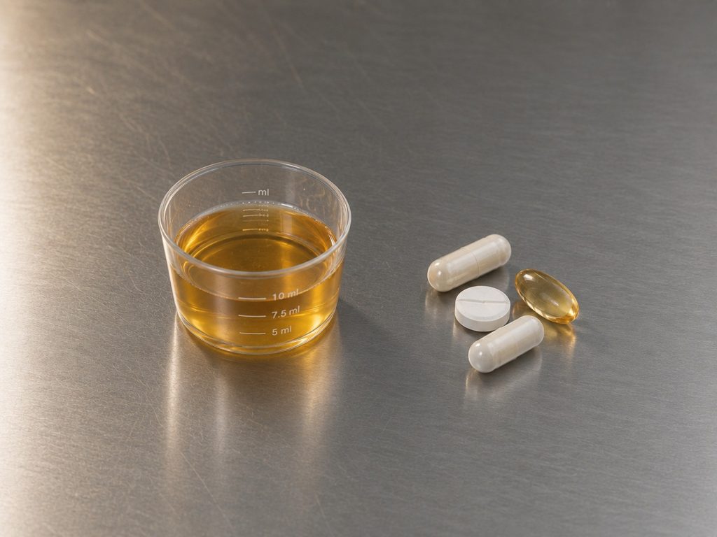 Measured liquid syrup alongside capsules, a tablet and a softgel, illustrating the choice between liquid and solid supplement formats.
