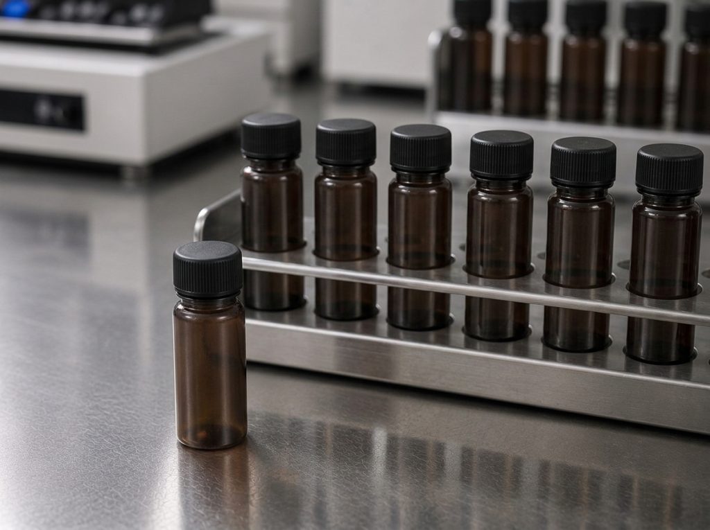Functional supplement shot samples undergoing quality control testing before batch release.