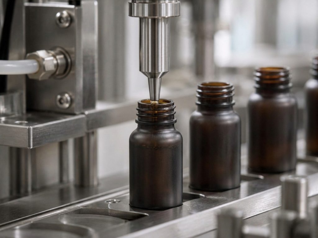 Functional supplement shots being filled on a precision liquid production line.