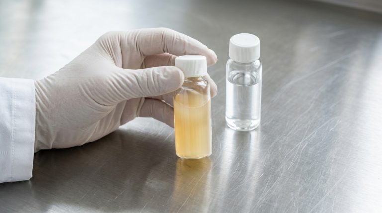 Liquid supplement samples in glass vials being examined during liposomal formulation testing – Noviatic.