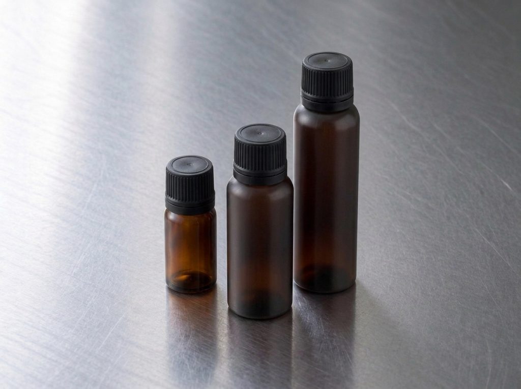 Single-dose functional supplement shots in different sizes and liquid formulations.